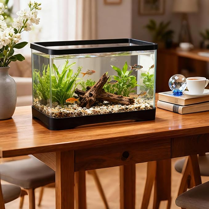 Geelin 2 Gallon Plastic Rectangular Fish Tank, Aquarium for Betta Fish Reptiles Succulents Flower Centerpiece, Shatterproof with Clear Clarity for Home Office Desktop Decors(Black)