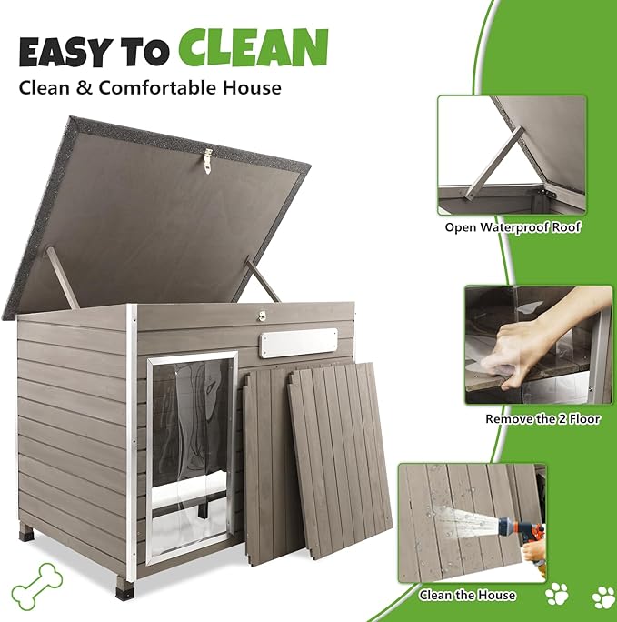 Medium Wooden Dog House Outdoor, Weatherproof Dog Houses with Adjustable Vent Windows, Alloy Chew-Resistant Frame, Removable Floor for Medium & Small Dogs (34" L x 22" W x 25" H)
