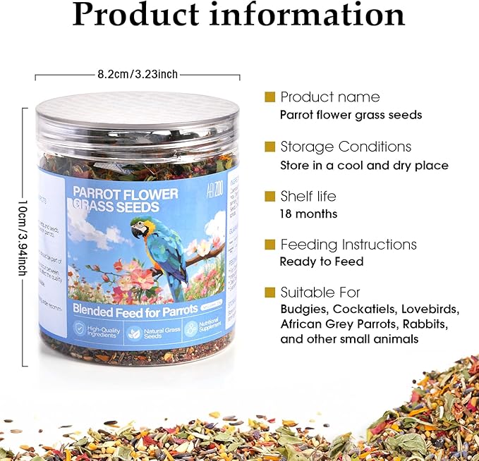 Abizoo Cockatiel & Conure Bird Foods Treats Seed Supplement for Love Birds Quaker Parrot Parakeets Digestive Health & Feather Support with Chia Flax Seeds Calendula Natural Comida para Pajaritos