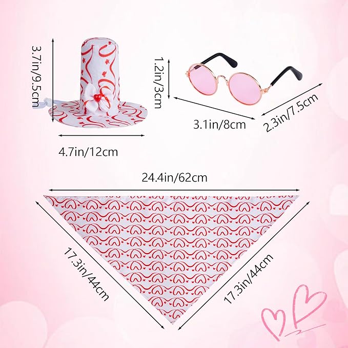3 Pcs Valentine's Day Pet Costume Set Cat Bandna Hat and Sunglasses for Small Medium Dogs Party Outfits (Pink)