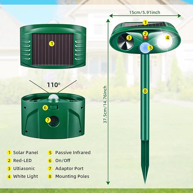 2026 New Solar Ultrasonic Animal Repeller Outdoor Deer Repellent Devices with Motion Sensor & Flashing Light,Animal Deterrent Devices for Cat Squirrel Raccoon Dog Rabbit Skunk for Yard Garden,4 Pack