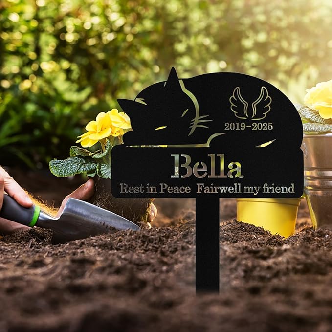 Custom Sleeping Cat Grave Marker Outdoor, Personalized Metal Cat Memorial Grave Stake with Name and Date, Outdoor Waterrproof Cats Memorial Plaque