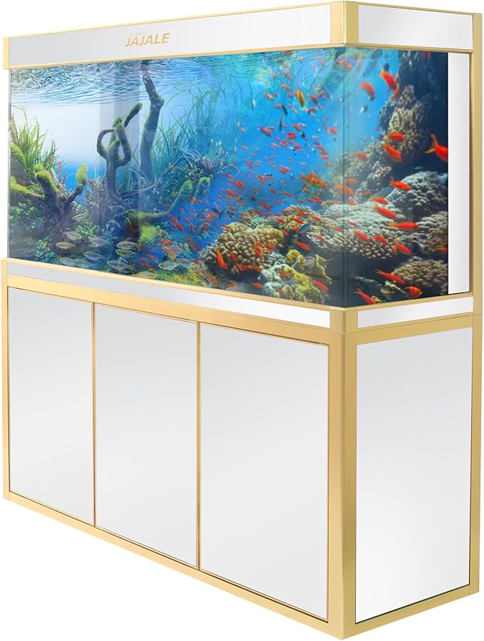175 Gallon Glass Aquarium with Aluminum Cabinet - Including Sump for Filtration and Circulation, Plumbing, LED, White with Gold Trim