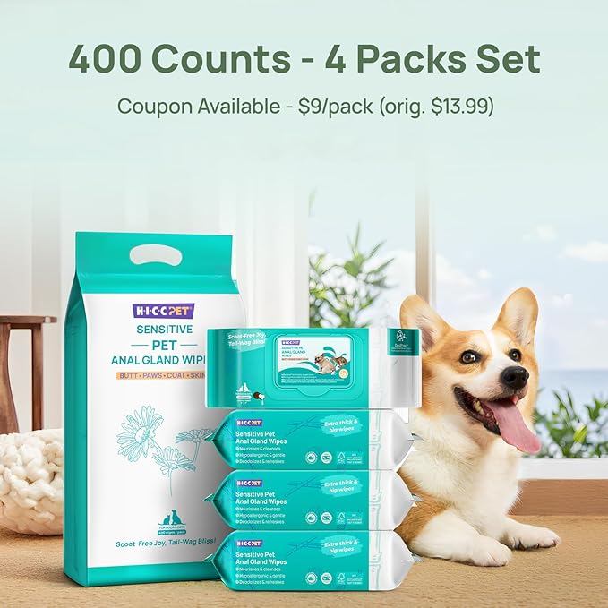 HICC PET Wipes for Dogs & Cats, Cleansing Deodorizing & Soothing Allergy Infections Anal Gland Pets Wipes with Coconut Oil - Dog Grooming Wipes for Butt and Paw - Hypoallergenic & Vet Recommended