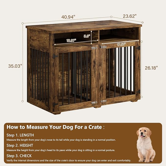 Furniture Dog Crate for Two Dogs, 41 Inch Farmhouse Style Dog Kennel with Removable Divider and Thickened Desktop, Heavy-Duty Base for Small to Medium Dogs, Rustic Brown