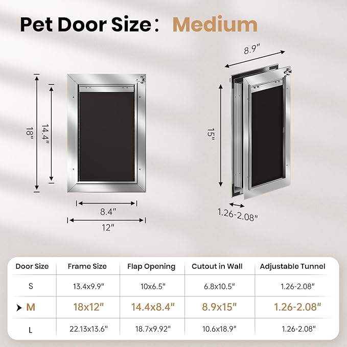 All Aluminum Dog Door with 2 Magnetic Flaps & 1 Replacement Flap, Heavy Duty Medium Doggy Door for Exterior Doors, Doggie Door wtih 2 Closing Panels, Dual Aluminum Locks, for Pets Up to 45 Lb