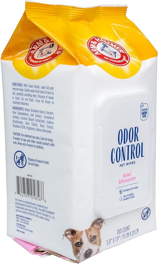 Arm & Hammer for Pets Odor Control Dog Wipes, Deodorizing Wipes with Baking Soda for Dogs Between Baths, Gentle Cleaning Pet Grooming Wipes for Everyday Freshness, Kiwi Blossom Scent, 100 Count