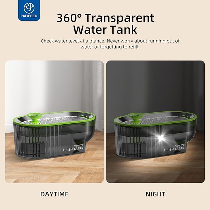 Cat Water Fountain Stainless Steel with a Silicone Mat, 84oz/2.5L Automatic Cat Water Fountain with Water Level Window and LED Light, Quiet Low Power Cat Water Bowl & Cat Water Dispenser (Green)