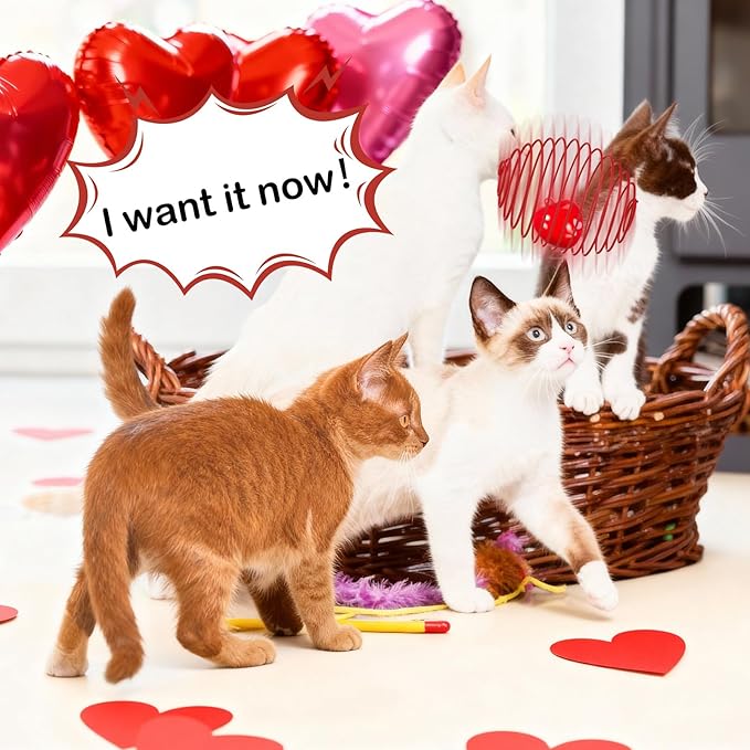 Jecery 5 Pcs Cat Spring Balls Toys Stretchable Rolling Balls Colorful Playful Coils Interactive Action Toy Caged Rats for Kitten Pet Supplies (Heart Bel,Pink Red)
