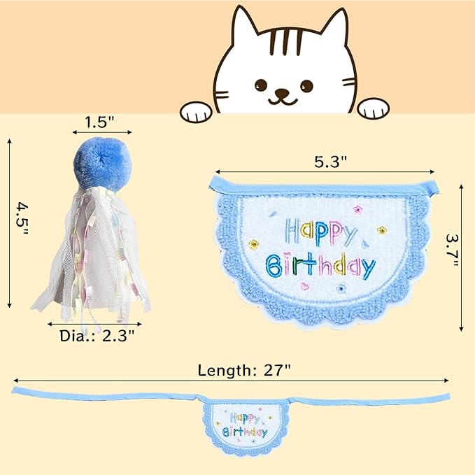 Cute Pet Birthday Costume Bandana Scarf Bib and Hat Set for Cat Small Dog, Cat Birthday Decorations Outfits (Blue)