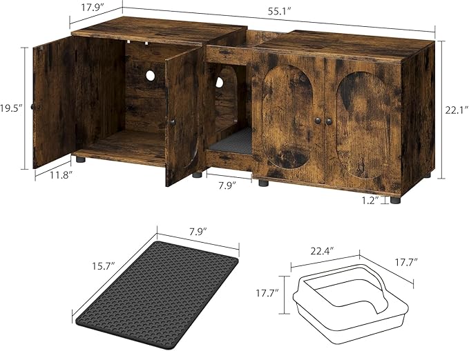 GarveeHome Large Cat Litter Box Enclosure Furniture, 55.1" Double Litter Cabinet for Two Cats with Hidden Design, Rattan Door Cat Box House with Storage, Brown