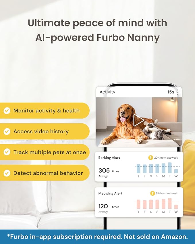 Furbo 360° Cat Camera + Mini 360° Cam [New Subscription Required at Setup] 2-Camera Bundle Nanny Subscription: Cat Safety Alerts, Pet Camera with Speaker, Phone App & Night Vision