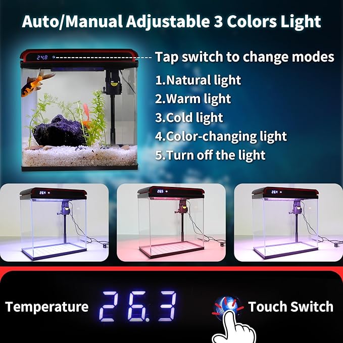 20 Gallon Fish Tank Smart Aquarium Kit, Glass Small Aquarium Starter Kits Self Cleaning with 3 Types of LED Lights and Filter Water Pump, Water Temperature Detection Ultra Quiet Gift for Kid
