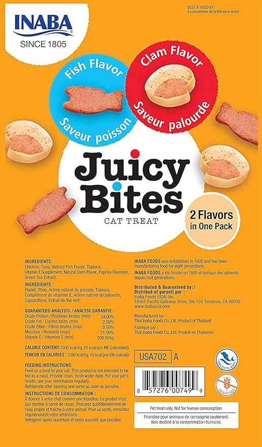 INABA Juicy Bites Grain-Free, Soft, Moist, Chewy Cat Treats with Vitamin E and Green Tea Extract, 0.4 Ounces per Pouch, 9 Pouches Total (3 per Bag), Fish and Clam Flavor