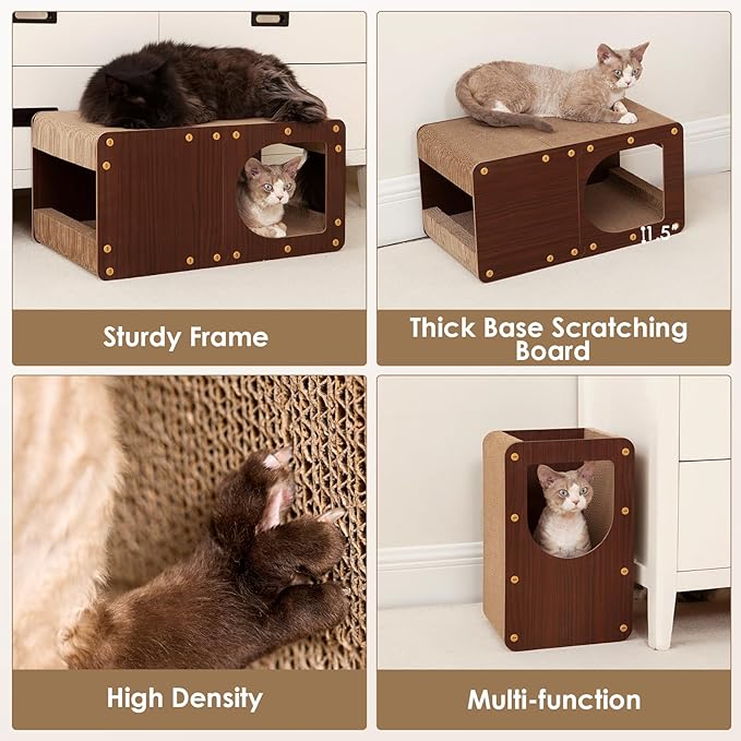 EHEYCIGA Cardboard Cat Scratcher House, 17-Inch Corrugated Cat Scratcher for Indoor Cats, Kitten Scratching Board Pad, Dark Brown