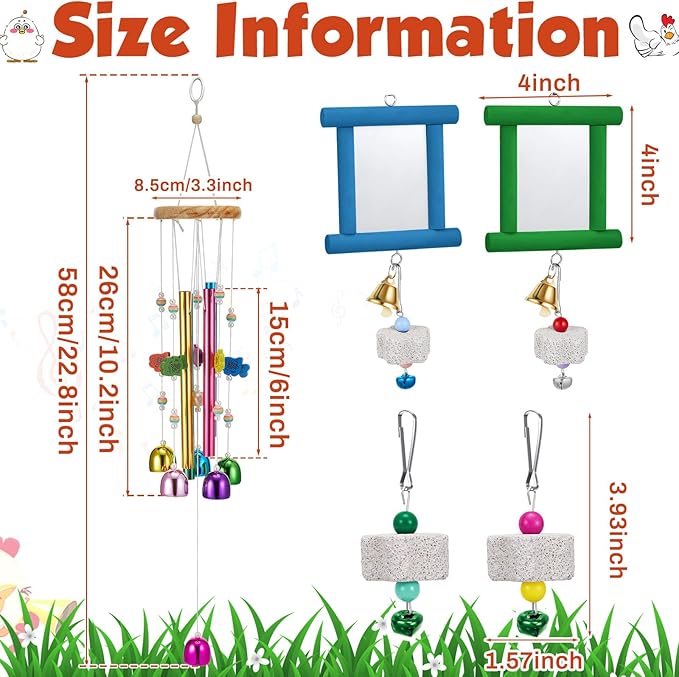 7 Pcs Chicken Toys, Hanging Chicken Wind Chime, 2 Pcs Coop Mirror Toys with Bells 4 Pack Beak Grinding Stones, Musical Coop Accessories for Hen Rooster Chick Poultry Birds(Green, Blue)