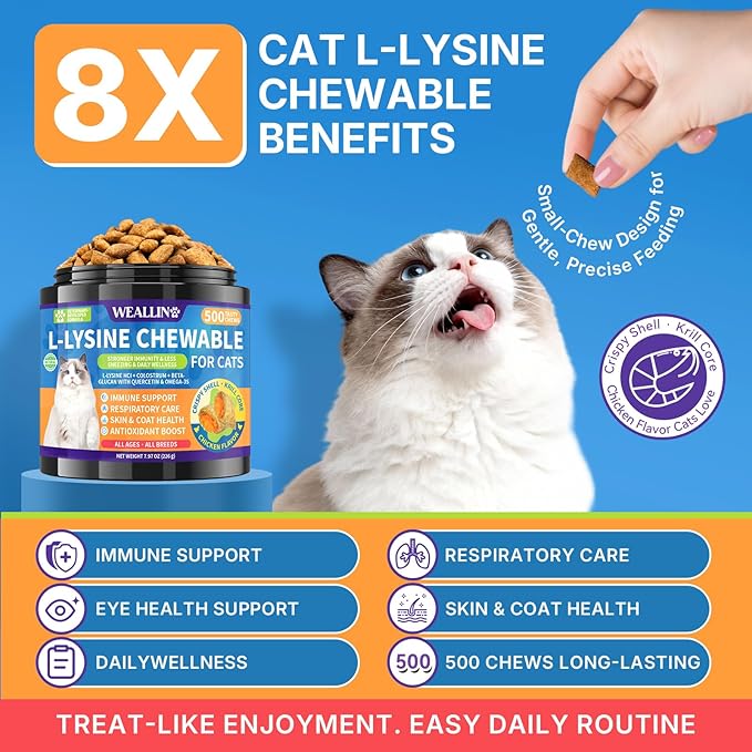 L-Lysine Chews for Cats 500 Chews, Immune & Respiratory Support Crunchy Shell with Krill Core, with Colostrum & Omega-3s for Sneezing and Runny Nose, Chicken Flavor, for All Ages & Breeds Cats