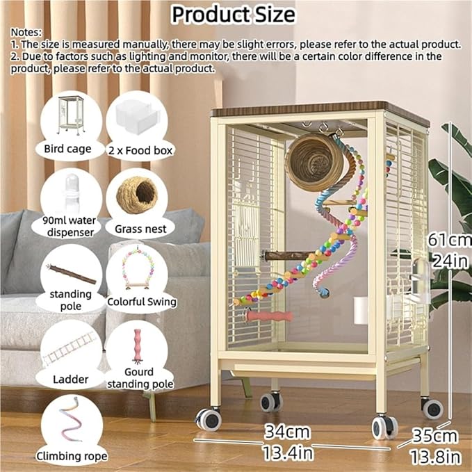 Medium Bird Cage with Rolling Wheels, Modern Clear Decorative Birdcage for Lovebirds, Hill Mynas, Budgerigars, Sun Conures, Munias, White-Eyes(Gray)