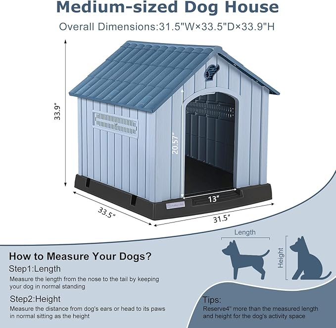 LEMBERI Plastic Dog House for Medium Dogs, Durable Waterproof Indoor Outdoor Doghouse with Air Vents and Elevated Floor, Easy to Assemble (Light Blue, 33.5" L x 31.5" W x 33.9" H)