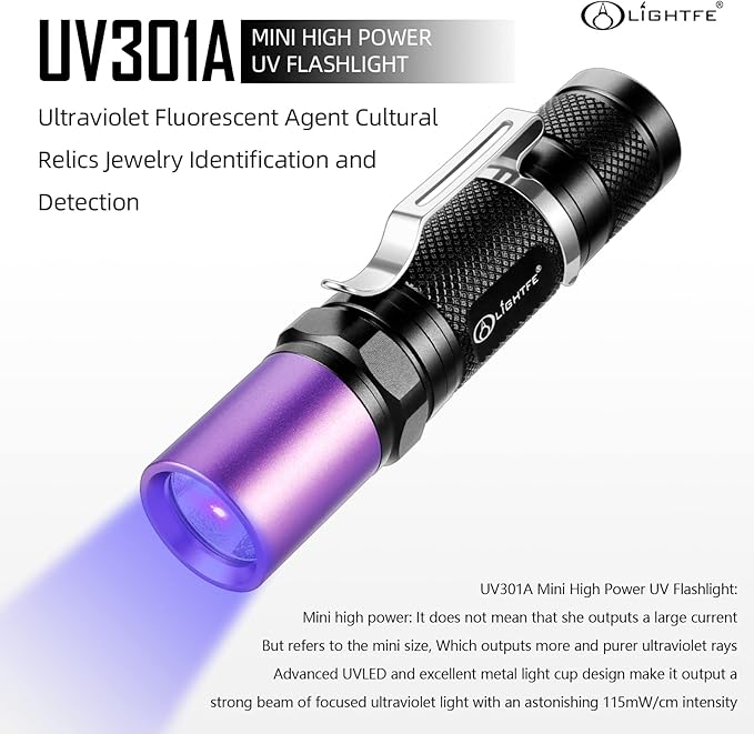 LIGHTFE Black Light UV301-395nm UV Light AA batery Blacklight uv Torch for UV Glue Curing, Rock and Mineral Identification, Fluorescent Agents, Pet Urine, Stain Detection, AC Leakage Detection.