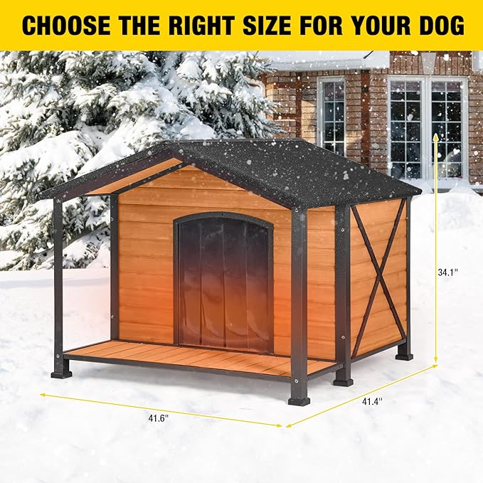 AIVITUVIN Heated Outdoor Dog House - Weatherproof Insulated Wooden Shelter with Iron Frame, Large Porch for Medium & Large Dogs, Indoor/Outdoor Kennel(XL)