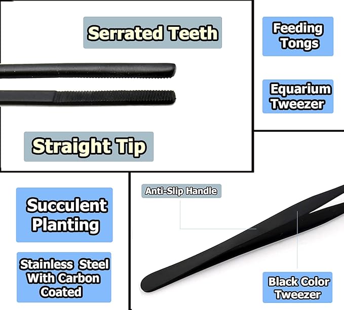 G.S Aquarium Tweezers Stainless Steel Straight and Curved Tweezers Set for Fish Tank Aquatic Plants Long Handle Reptile Feeding Tongs,10.5 inch Black