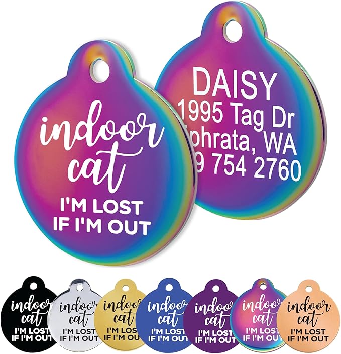 GoTags Personalized Small Indoor Cat Tag - Engraved with 4 Lines of Custom ID, Rainbow Stainless Steel Round Pet ID Tag