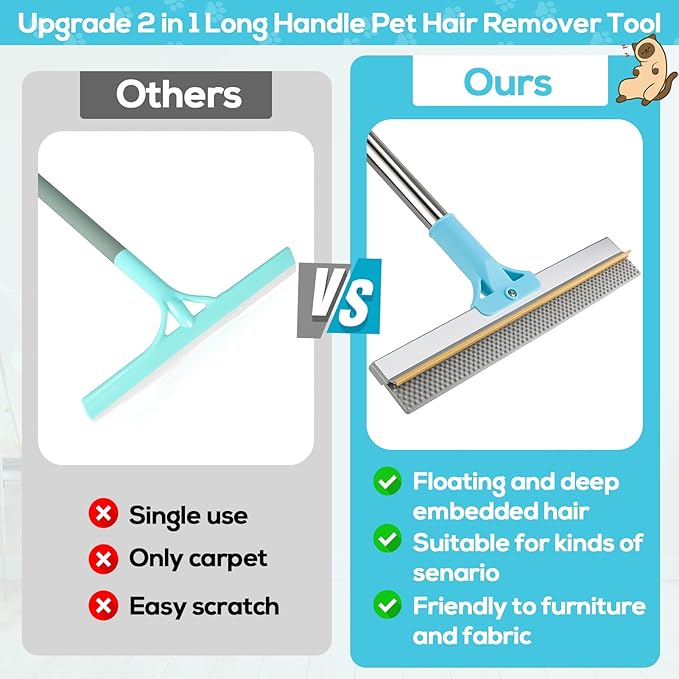 3PCS Pet Hair Removal Tool - Reusable Carpet Rake for Deep Stubborn Cleaning with Copper Head Scraper and Silicone Scraper, 52" Adjustable Long Handle Dog Hair Remover Broom for Sofa, Rugs, Couch, Car