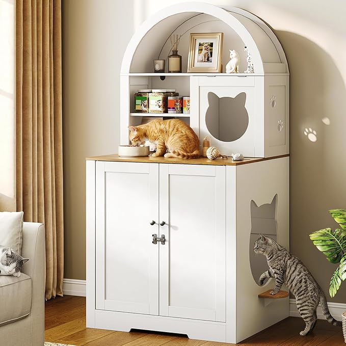 63" Large Cat Litter Box Enclosure Furniture, Arched Hidden Litter Box Cabinet with 3 Storage Shelves and Ventilation Holes, Wooden Cat House with Flip-Up Door, White and Natural