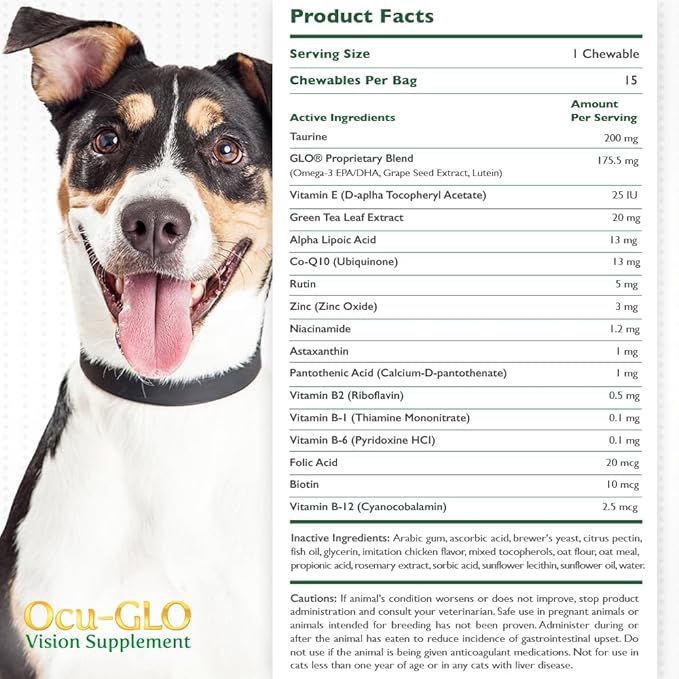 Ocu-GLO Cat & Dog Supplement for Eye Support - Chewable Vision Vitamins Supplements for Small and Medium Pets with Lutein, Omega-3 Fatty Acids, Grape Seed Extract & Antioxidants