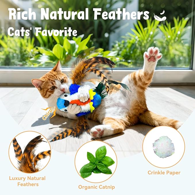 Cat Toys Flapping Bird, Catnip Toys for Indoor Cats Interactive Automatic Kitten Toy Kicker - Baby Plush/Feather/Crinkle, Rechargeable 4 Sounds/Off, Timed & Touch Activated, Clip & Hanging Rope