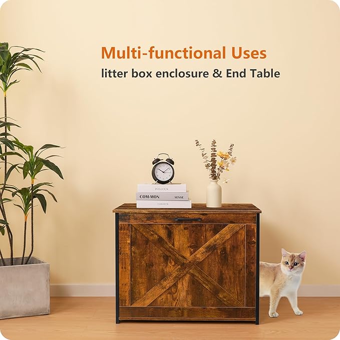 Dwanton Cat Litter Box Furniture Hidden, Cat Litter Box Enclosure, Reversible Entrance Can Be on Left or Right Side, Indoor Cabinet, Wooden Washroom, End Table, Nightstand, Rustic Brown, 27.6" L