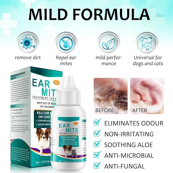2 Pack Ear Mites Clean for Dogs & Cat, with Aloe Vera, Cat Ear Mite Treatment Cleaner on Contact & Soothes Itching, Vet-Recommended Formula for Pets Ear Cleaning, Fast-Acting