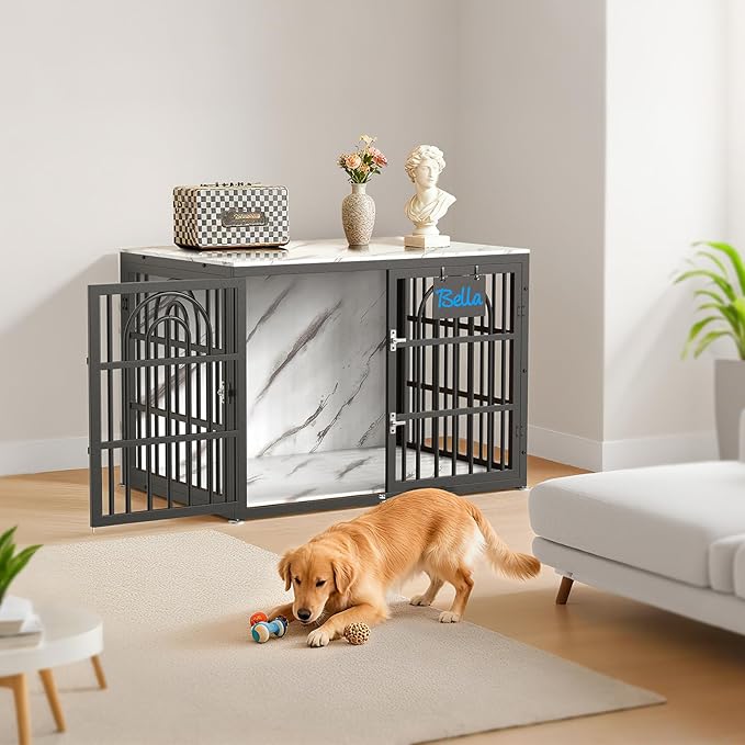38" Dog Crate Furniture, Heavy Duty Dog Crates, Dog Kennel Furniture Indoor for Medium Dog as TV Stand, Wooden Cage End Table for Indoor Decoration, Name Tag Escape-Proof Locks & Double Door