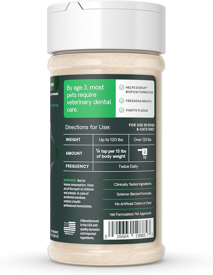 VetriScience Dental Care Powder for Dogs & Cats – Helps Reduce Plaque & Tartar Buildup, Support Clean Teeth & Fresher Breath, Clinically Tested, Vet-Formulated Oral Care Supplement, 4.2 oz