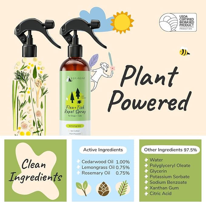 kin+kind Plant Based Flea Spray for Dogs and Cats – Essential Oil Formula with Lemongrass – Flea and Tick Prevention for Cats, Kittens, Puppies & Dogs - Pet Supplies - Family Safe – 12 fl oz