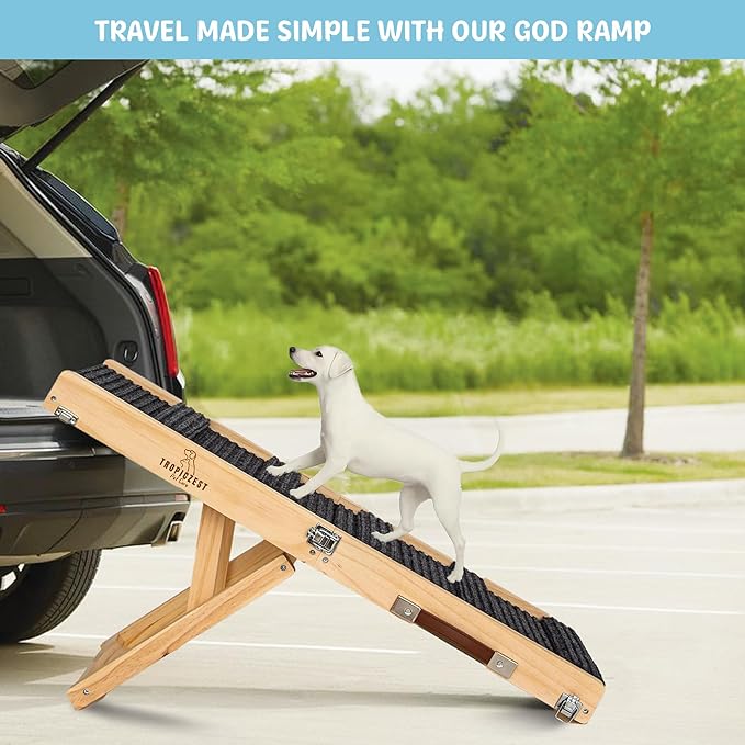 Medium Dog Ramp for Bed and Couch Wooden Adjustable Pet Stairs for Dogs and Cats 34.6" Non Slip Foldable Ramp with 5 Height Settings 13.6"-21.5" for Puppies, Pets, Indoor Outdoor Use