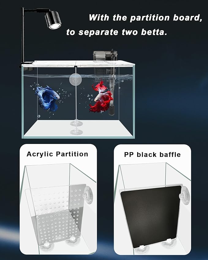 Fish Tank, 3 Gallon Ultra-Clear Glass Fish Aquarium, with Separator Plate for Betta, Fish Tank Starter kit with Filter and Adjustable Led Light, White