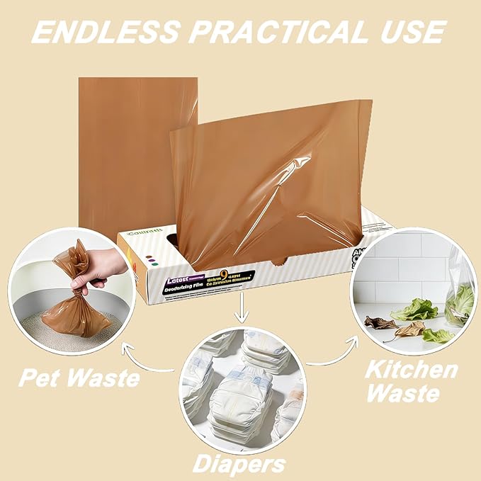 Odor-Sealing Cat Poop Bags XL, 100 Count | Durable Unscented Waste Bags for Pet, Diaper, Ostomy & Food Waste Disposal (Brown)