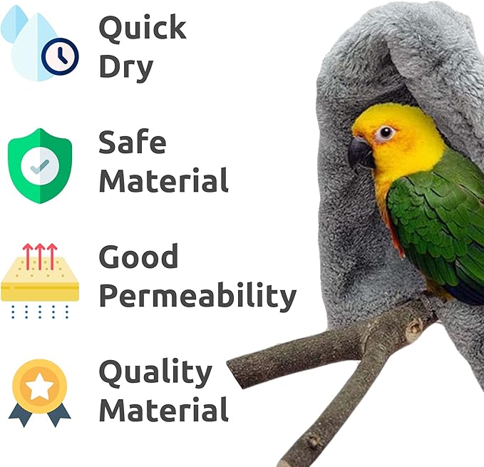 SIMENA Bird Blanket for Cage, Corner Fleece Bed for Birds, Cozy Bird Warmer, Parrot House for Cage, Cuddle Nest Hanging Toy for Lovebirds Parakeet (Grey, Small)