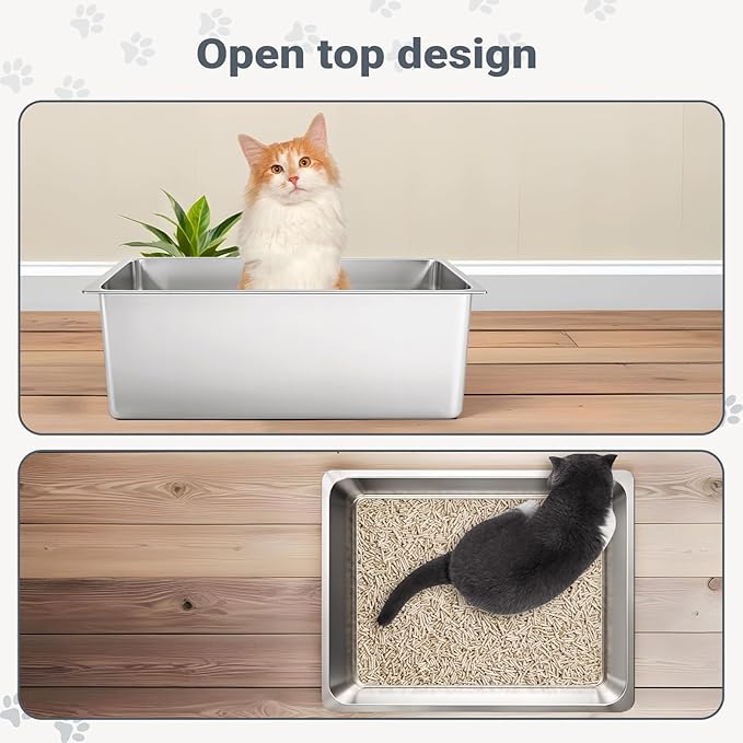 Kirecoo Stainless Steel Cat Litter Box XXL- Metal High Sided Cat Pan, Large Stainless Steel Box, Indoor Litter Tray, Non Stick, No Smell, Easy to Clean, Pet Toilet Supplies for Kitten, Kitty, Rabbit