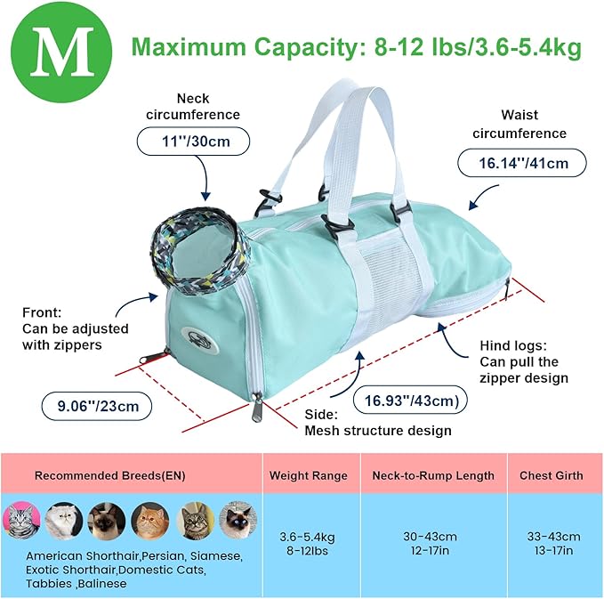 Cinf Cat Nail Clipping Cleaning Grooming Restraint Bag No Scratching Biting for Bathing Nail Trimming Injecting Examining(Mint,M)