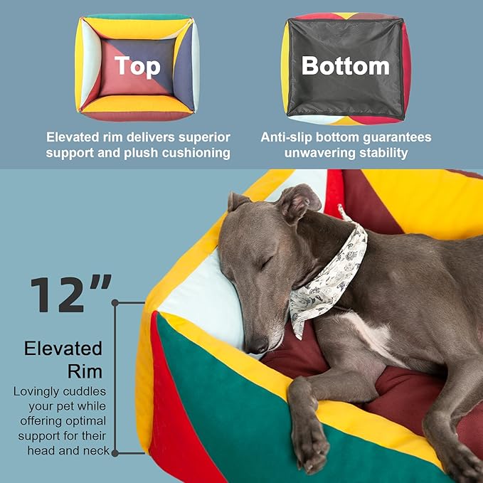 Washable Rectangle Dog Bed with Removable Cover, Color-Block Gingham Cotton Large Dog Sofa, Durable Breathable Scratch Resistant Pet Bed, Large