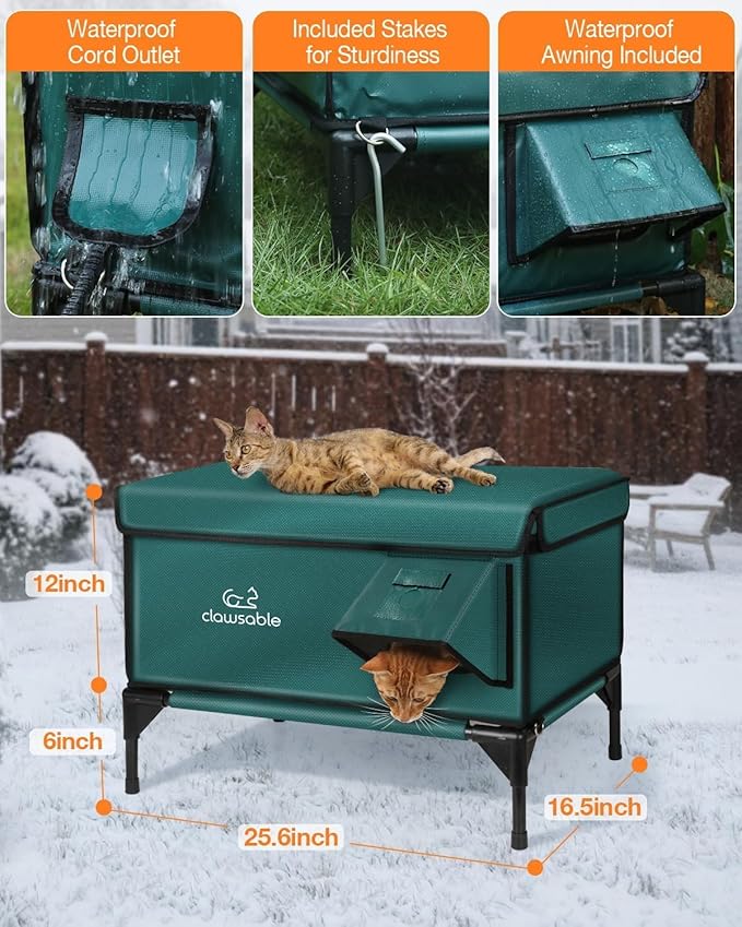Indestructible Heated Cat House for Outside Winter, 100% Waterproof, Safe Escape Door, Insulated Outdoor Cat Shelter with Heater for Feral Barn Cat Kitty (Forest Green, 27"x17"x18")