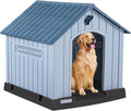 LEMBERI Large Plastic Dog House for Medium Large Dogs, Durable Waterproof Indoor Outdoor Doghouse with Air Vents and Elevated Floor, Easy to Assemble (Light Blue, 40.7" L x 37.2" W x 40" H)
