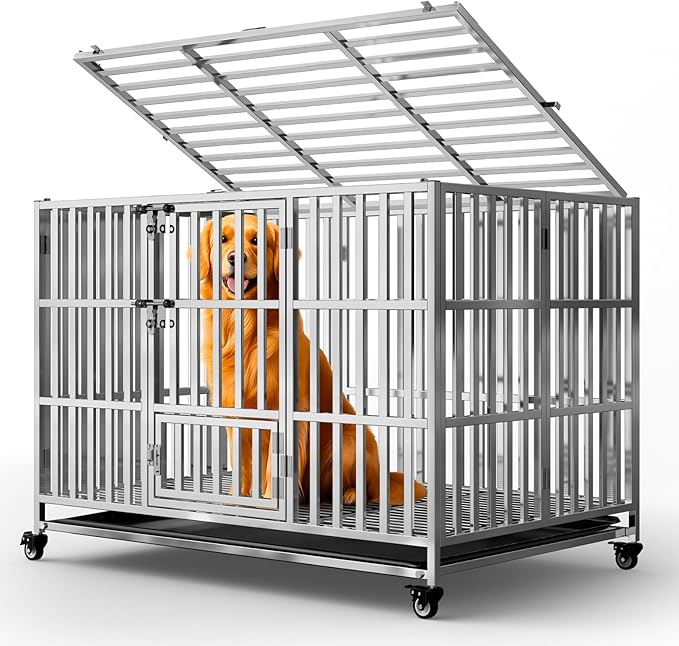 48" Heavy Duty Dog Crate, Escape Proof XL Stainless Steel Dog Kennel with Top Opening, 4 Lockable Wheels, Easy Clean Metal Dog Cage for Large/High Anxiety Dogs