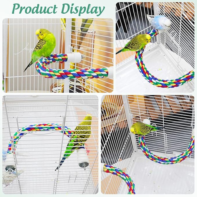 Colorful Bird Rope Perch Stand, Birdcage Swing Spiral Toys, Bird Climbing Standing Bungee Rope Perches Chew Toys Cage Accessories for Cockatiels Parrots Birds (15.7 inch /40 cm)