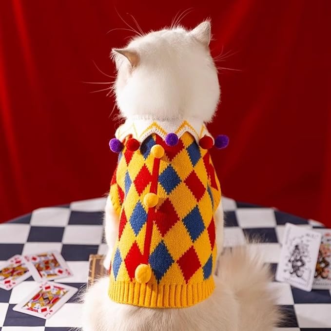 Cat Christmas Sweater Dog Circus Clown Jester Costume with Joker Hat for Small Dogs Cats Cosplay Apparel Kitten Clothes