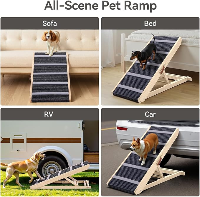 Dog Ramp for Bed, 39.4"L 16.9'' Extra Wide Wooden Dog Ramp for Couch with 4 Adjustable Heights from 15"to 23", Non-Slip Walkway & Bottom, Foldable Pet Ramp for Sofa, Bed, Car, Supports Up to 200 Lbs