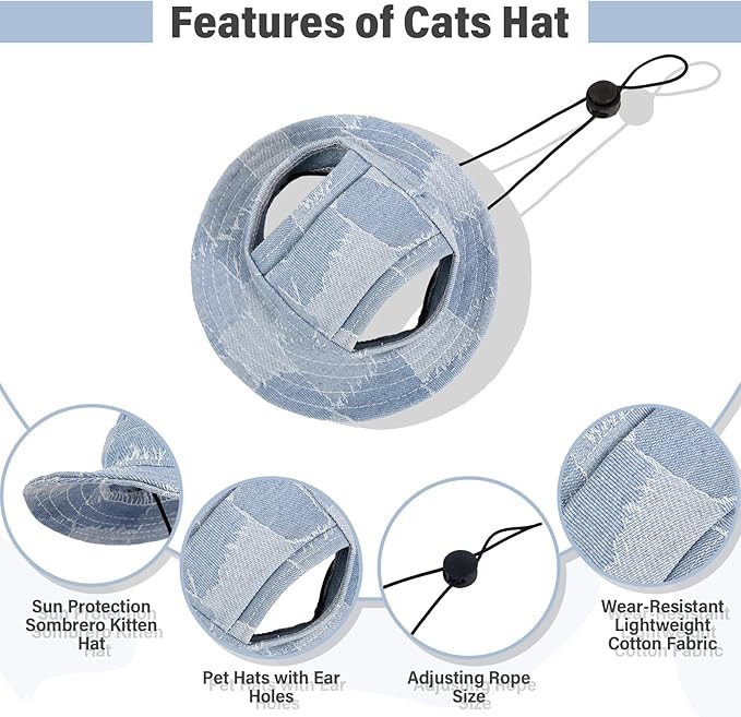 DENTRUN Cat Hats for Cats Only, Cat Cowboy Hats with Ear Holes Tiny Pets Birthday Party Costume, Cat Headwear Mini Cowboy Hat, Funny Sombrero Kitten Hat Chihuahua Beanie Cap Party Decorations